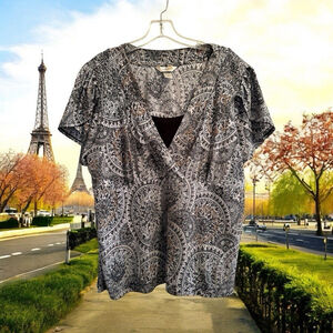 CJ Banks Career Paisley Floral Blouse Womens 1X Layered Short Sleeves V Neck